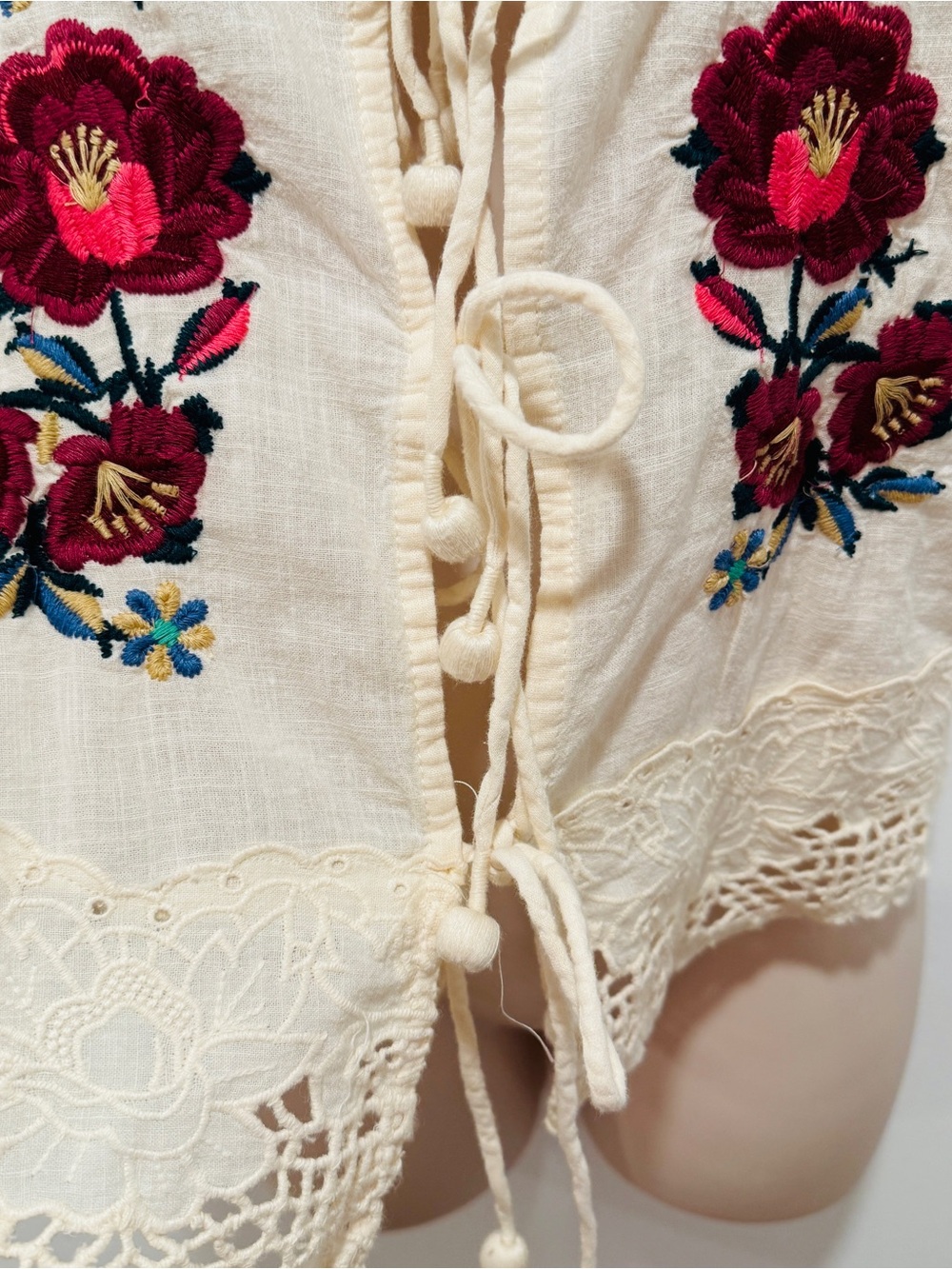 Jennifer & Grace Cream Embroidered Tie-Front Blouse - Picture 11 of 11